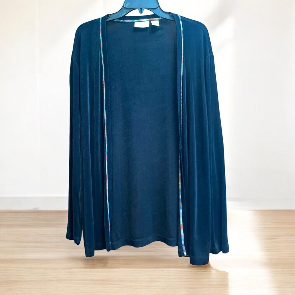 Chico's Travelers 3/L Black Open Front Tunic Top with Rainbow Stitching